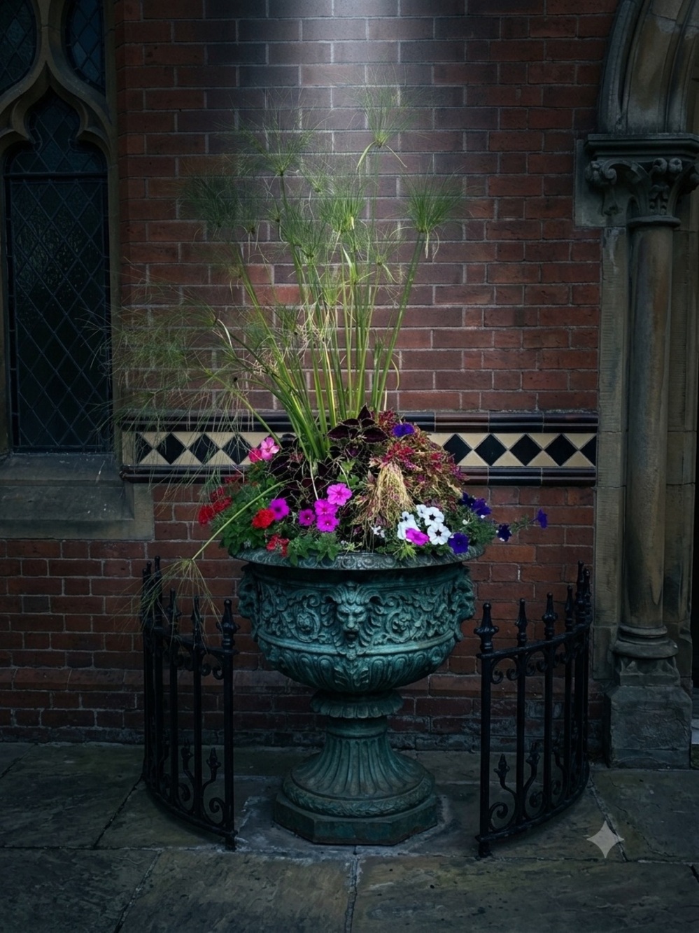 Decorative Green Garden Urn Planter with Mixed Color Blooms